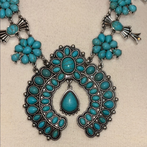 Blue and Silver Squash Blossom Necklace with Turquoise Accents - Picture 2 of 8
